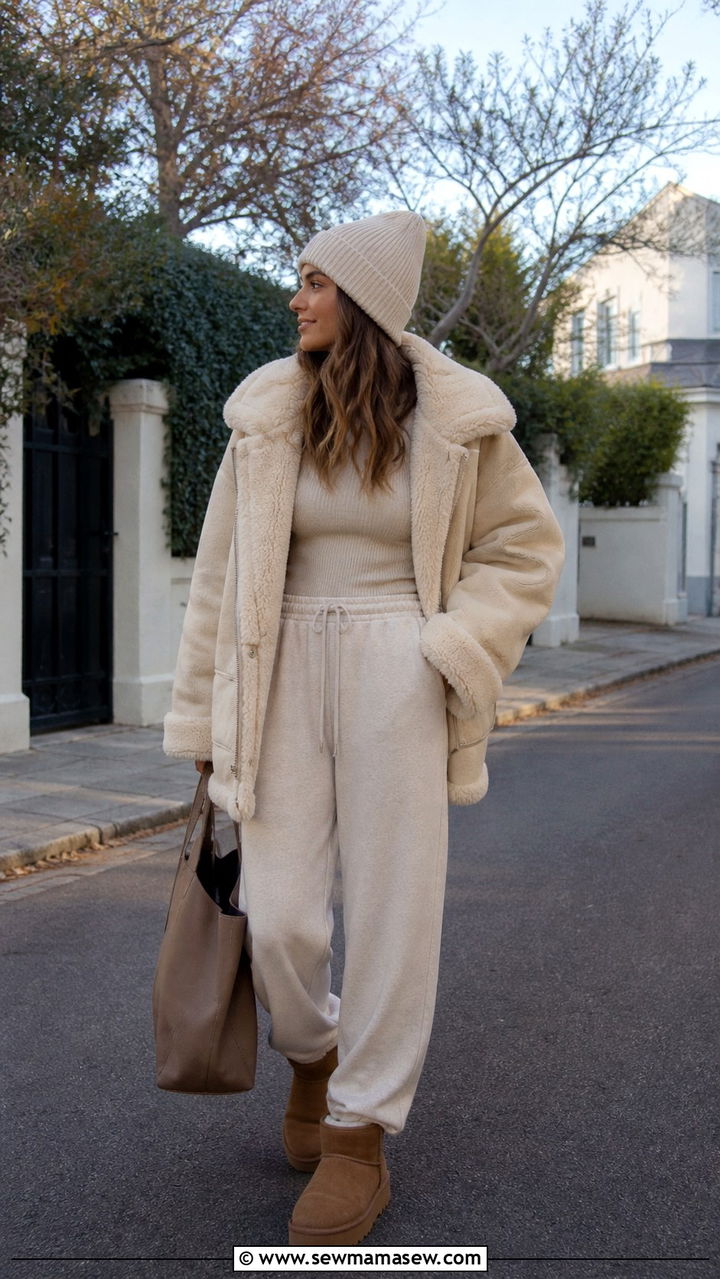Shearling Jacket with Sweatpants and Ugg Boots - 40 Shearling jacket outfit ideas