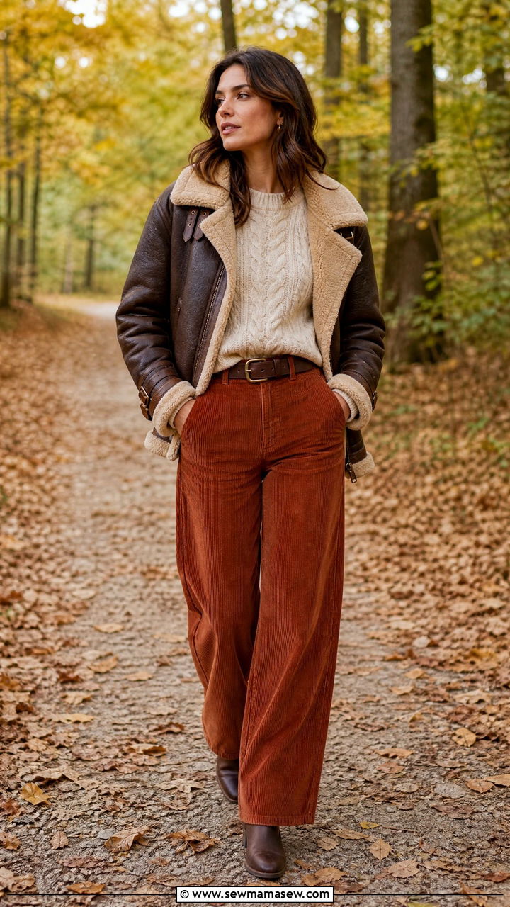 Shearling Lined Bomber Jacket With Corduroy Pants And Hiking Boots - 25 how to style bomber jacket