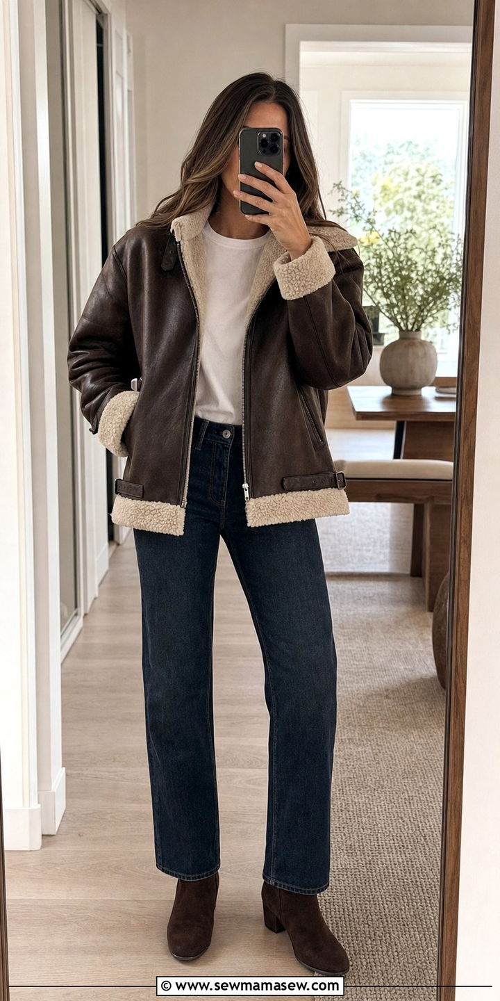 Shearling Lined Leather Jacket with Dark Wash Denim - 25 Copenhagen outfits 2026