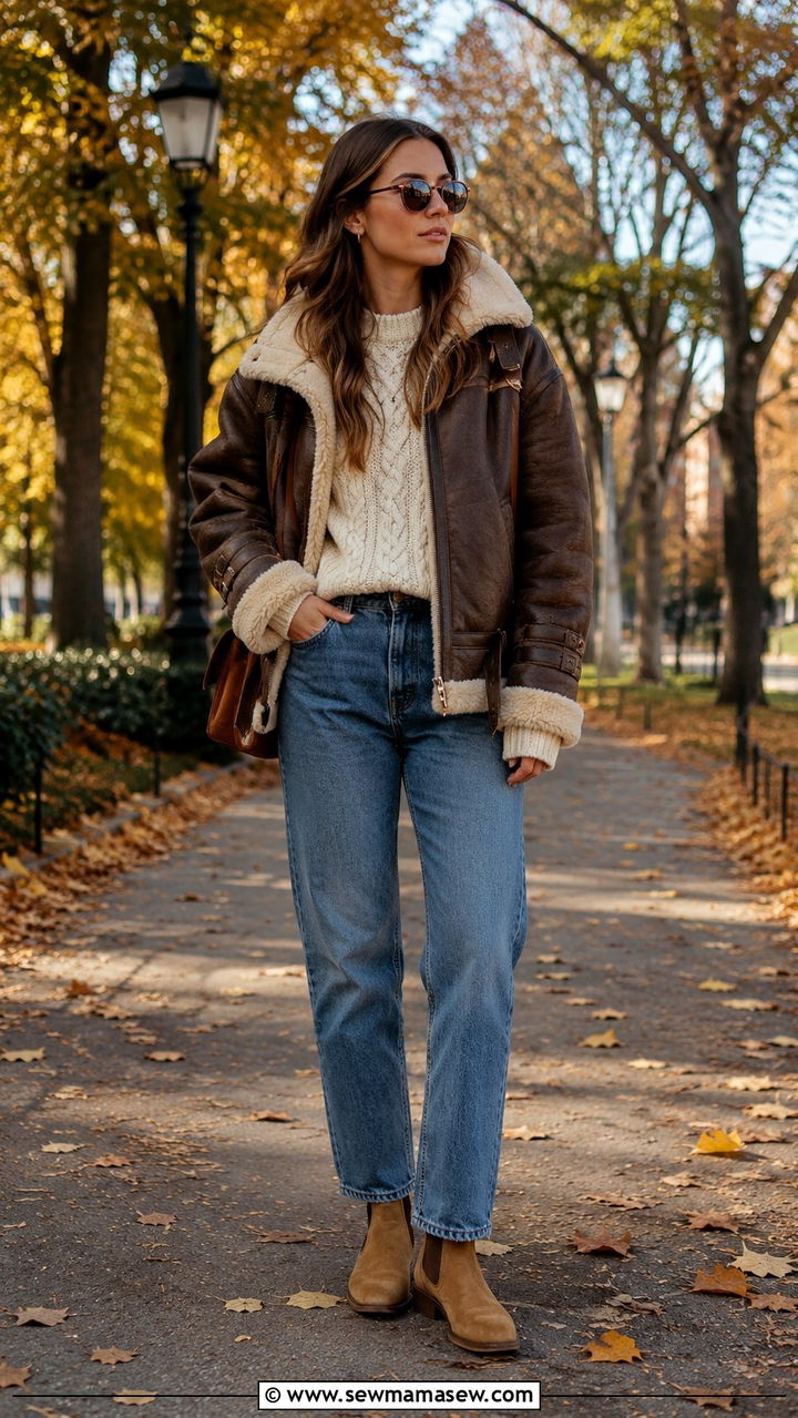 Shearling Pilot Jacket With Cream Sweater and Straight Leg Jeans - 25 Pilot outfit ideas
