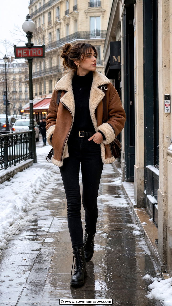 Shearling Trimmed Aviator Jacket With Black Slim Jeans and Combat Boots - 30 French girl outfits 2026
