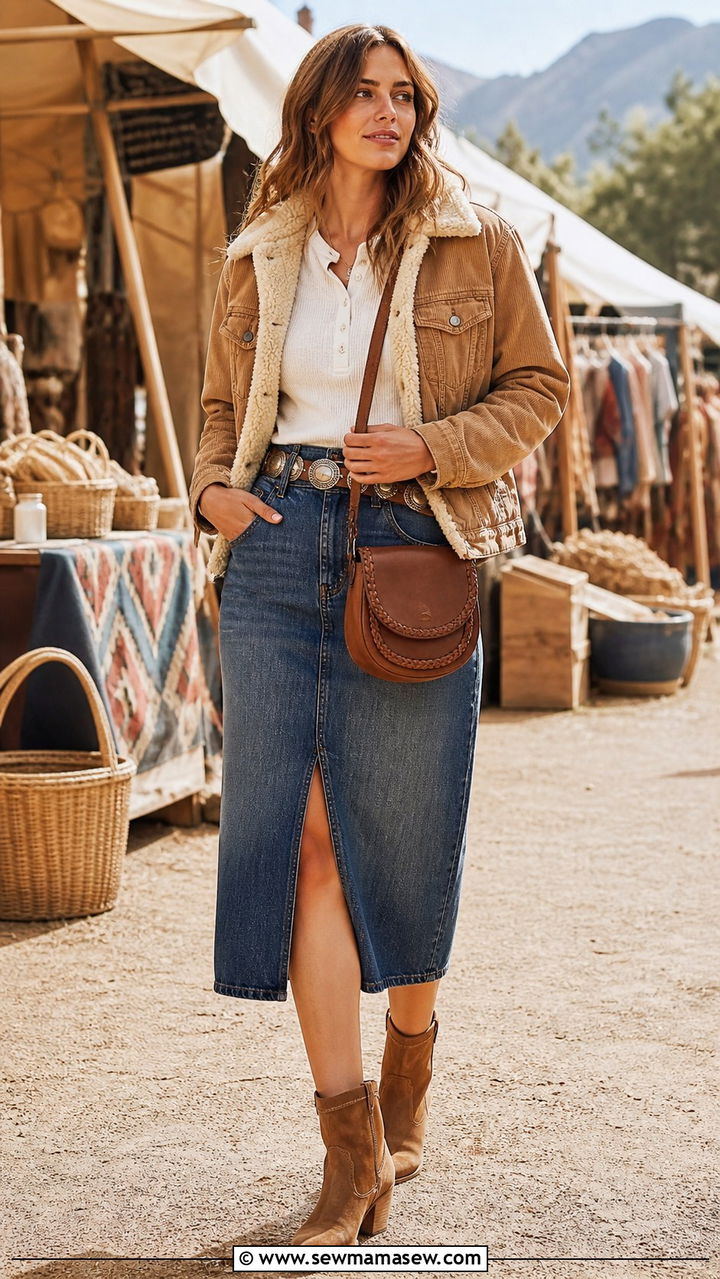 Shearling Trucker Jacket with Denim Midi Skirt - 40 Shearling jacket outfit ideas