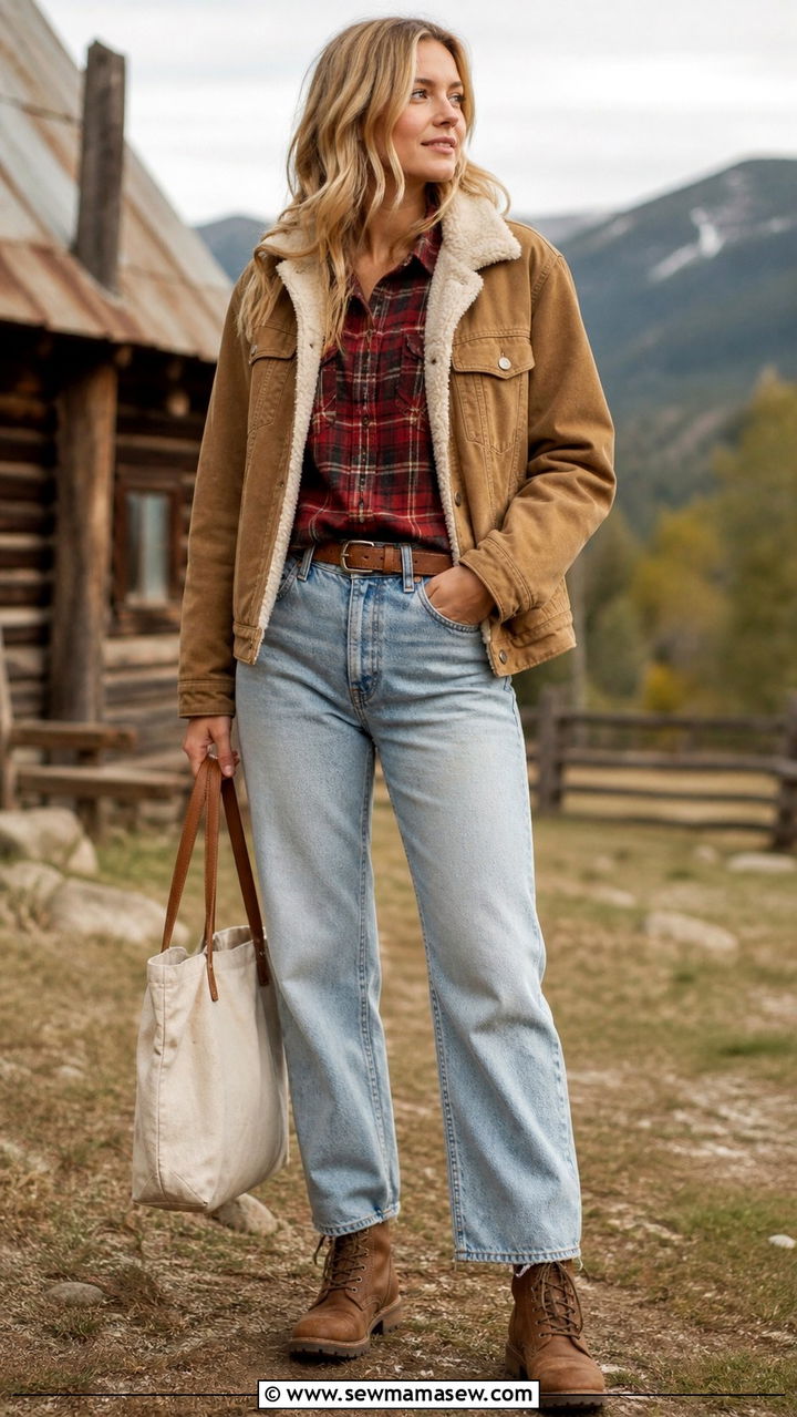 Shearling Trucker Jacket with Flannel Shirt and Jeans - 40 Shearling jacket outfit ideas