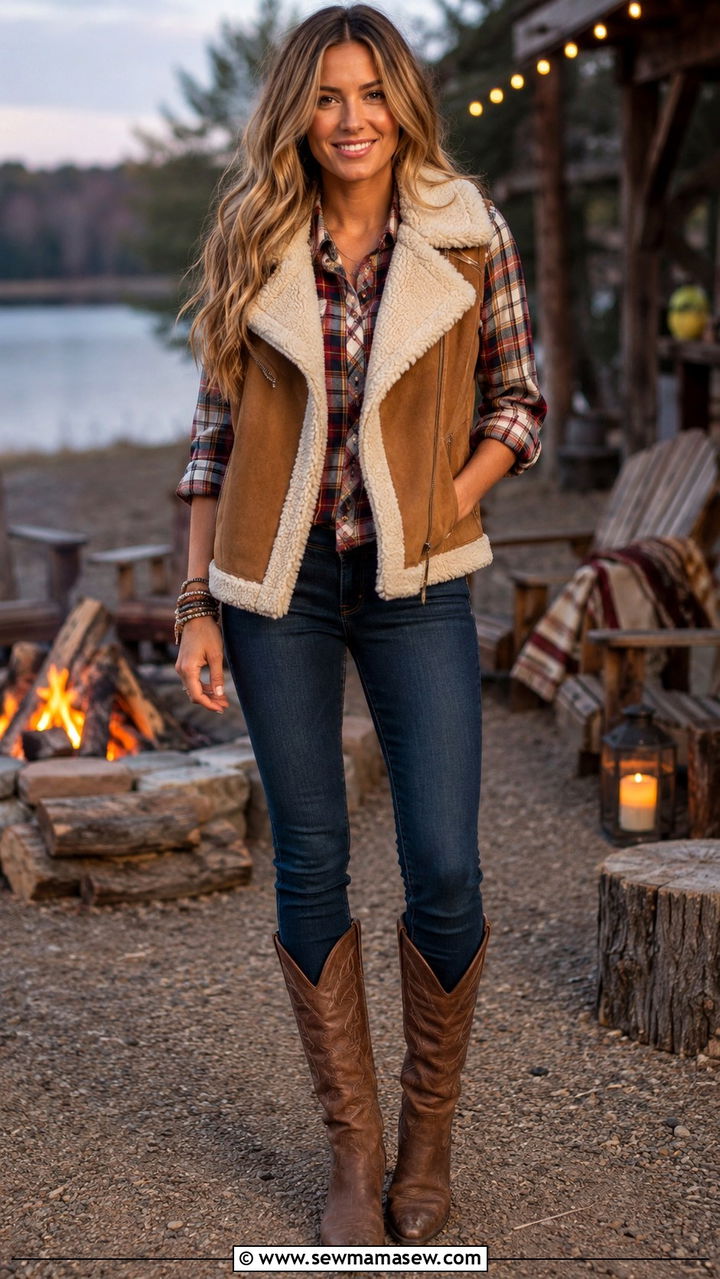 Shearling Vest Over Plaid Flannel and Skinny Jeans - 25 Western outfit ideas for women 2026