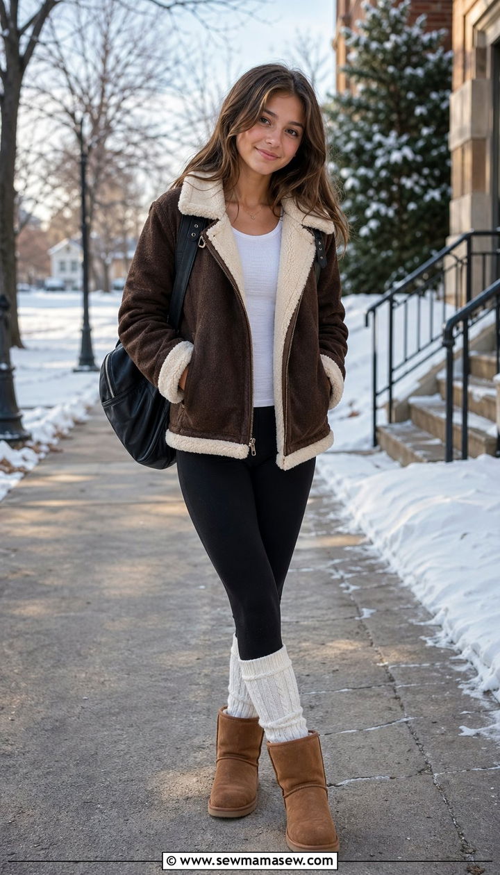 Shearling aviator jacket with leggings and Uggs outfit - 35 Back to school outfits for teens