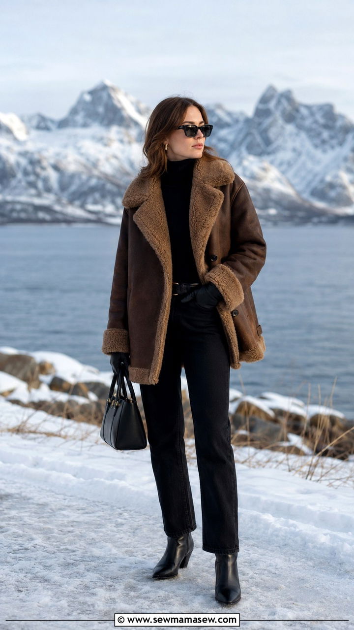 Shearling coat with black jeans and leather accessories - 25 Scandinavian cozy outfit ideas