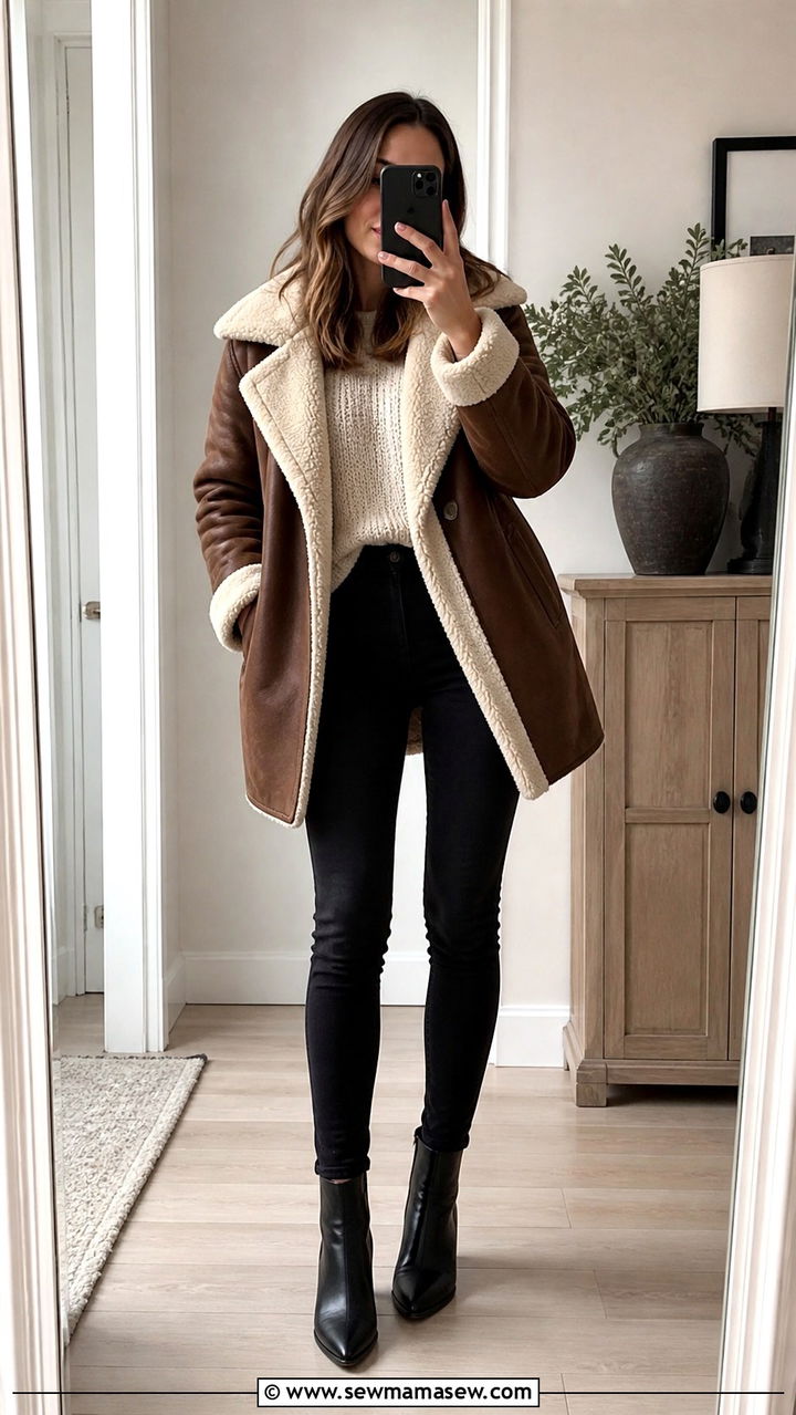 Shearling coat with black skinny jeans - 40 Shearling coat outfit ideas