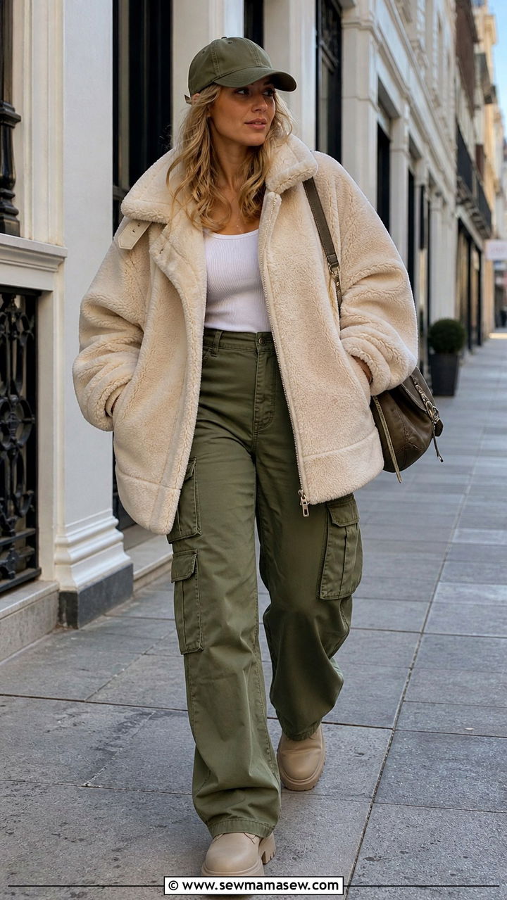 Shearling coat with cargo pants - 40 Shearling coat outfit ideas