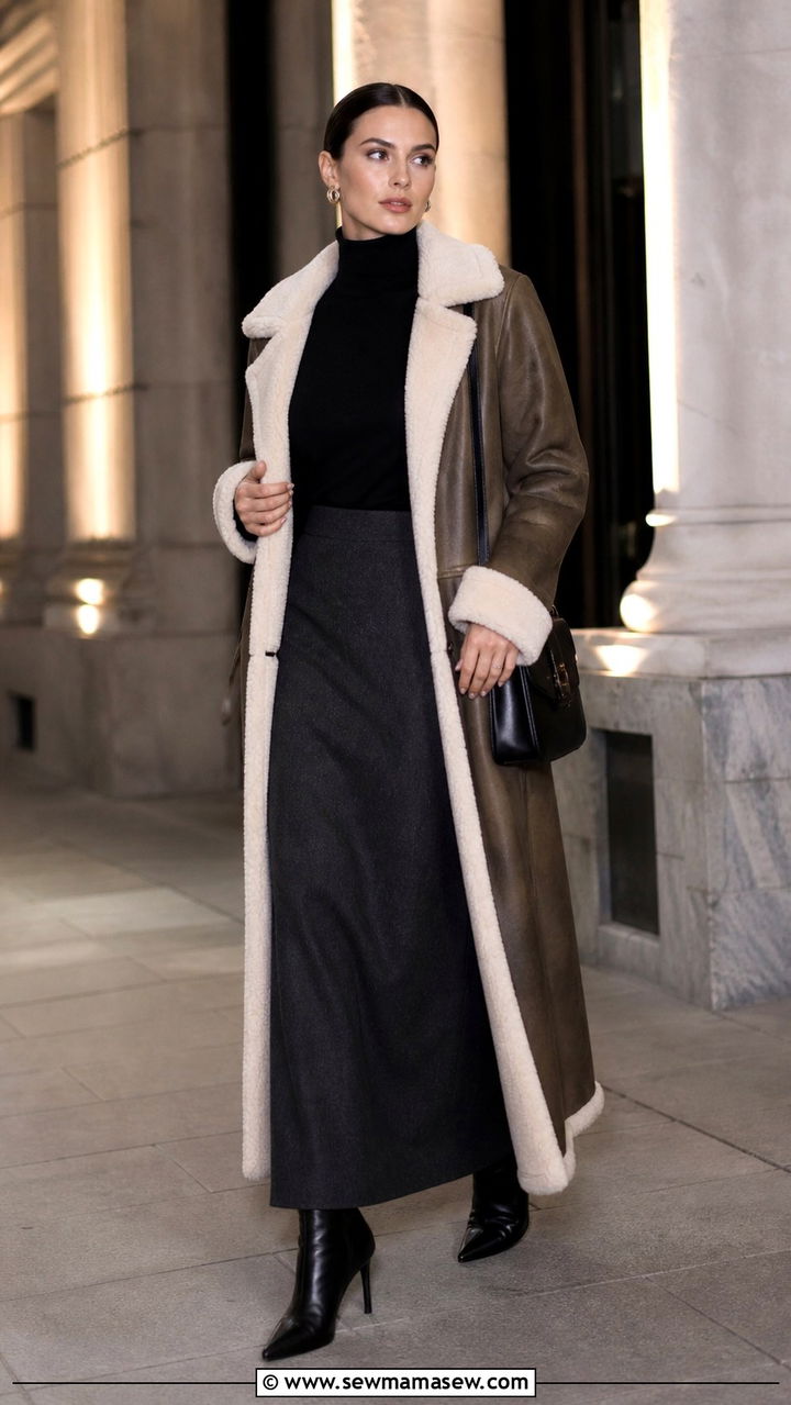 Shearling coat with column maxi skirt and fitted top - 40 Shearling coat outfit ideas