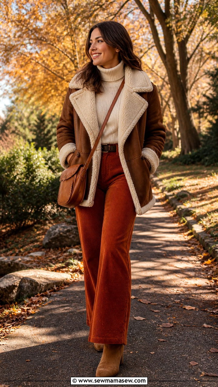 Shearling coat with corduroy pants - 40 Shearling coat outfit ideas