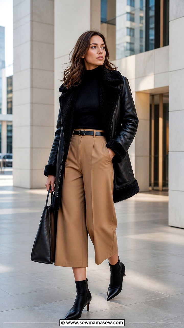 Shearling coat with culottes and ankle boots - 40 Shearling coat outfit ideas