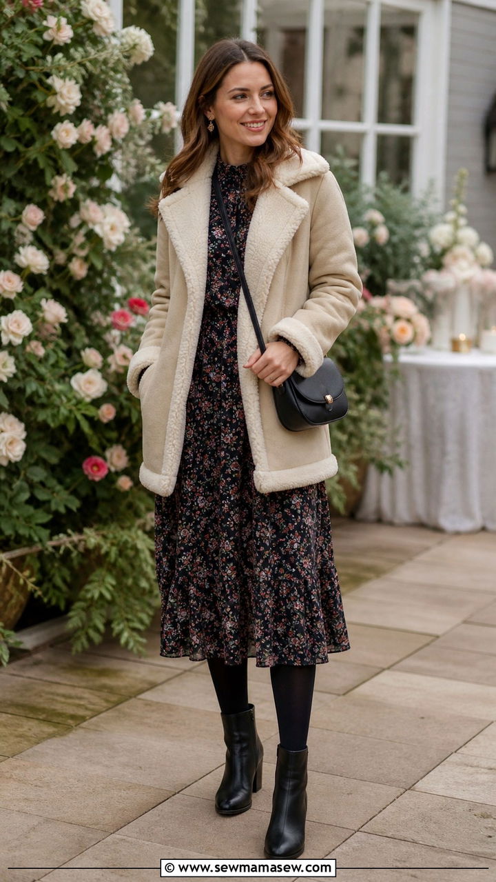 Shearling coat with floral midi dress - 40 Shearling coat outfit ideas