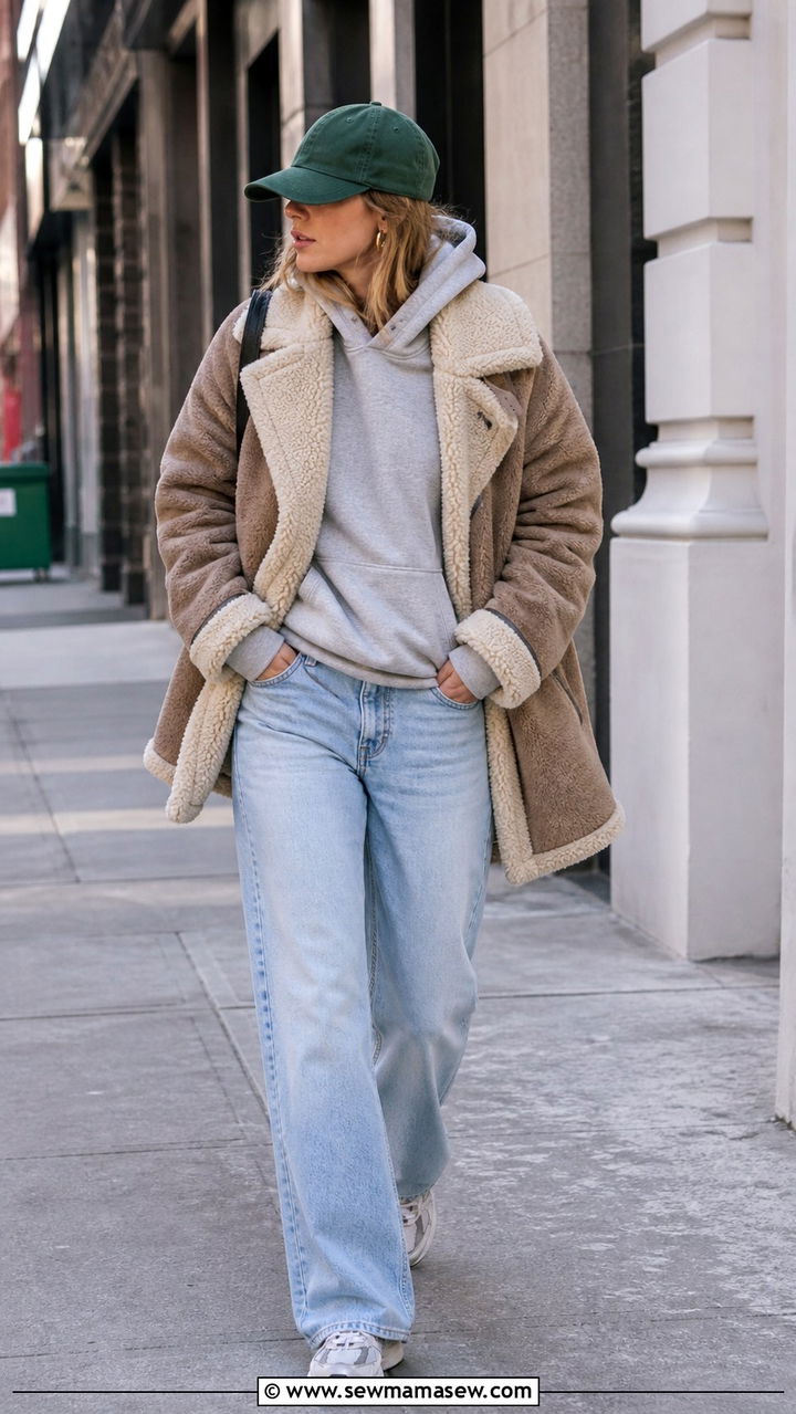 Shearling coat with hoodie and light wash jeans - 40 Shearling coat outfit ideas