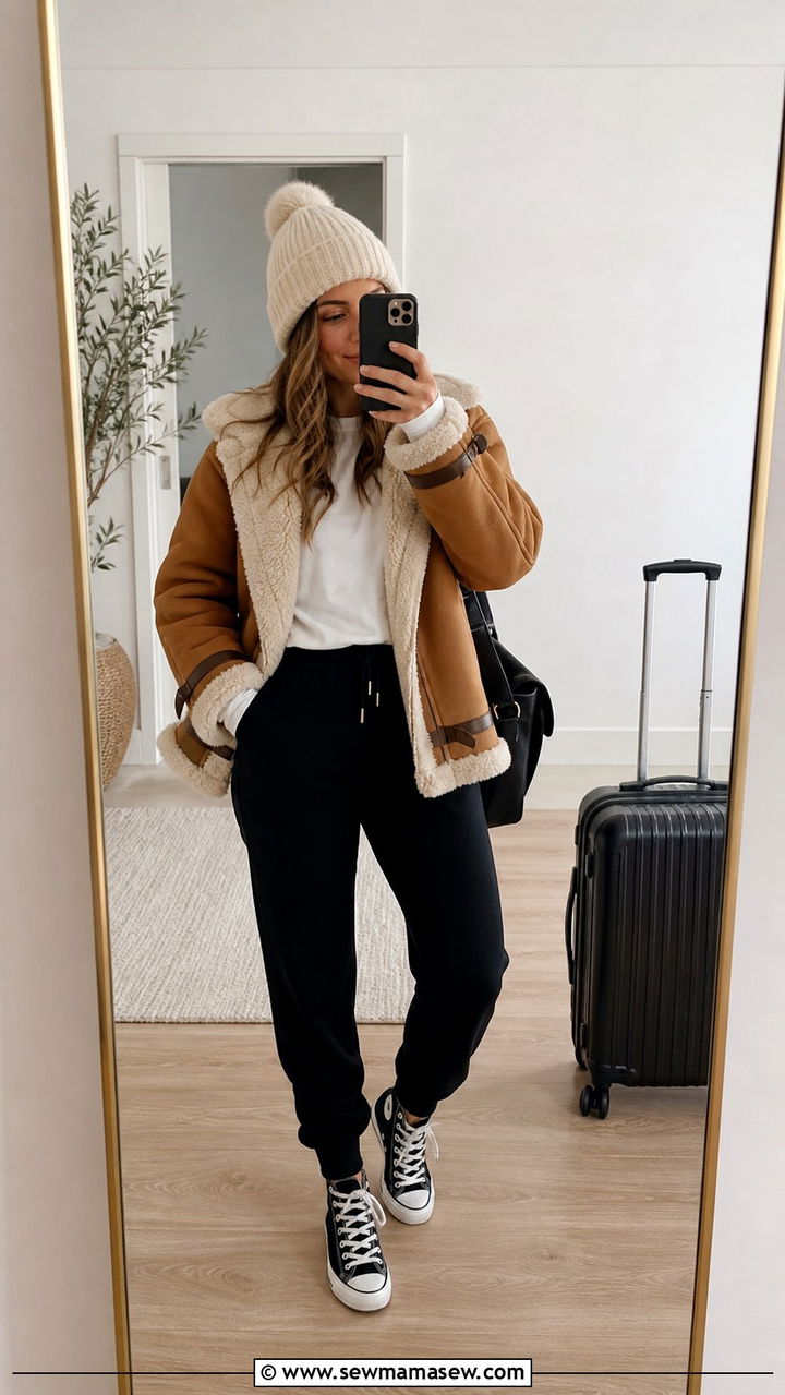 Shearling coat with joggers and Converse - 40 Shearling coat outfit ideas