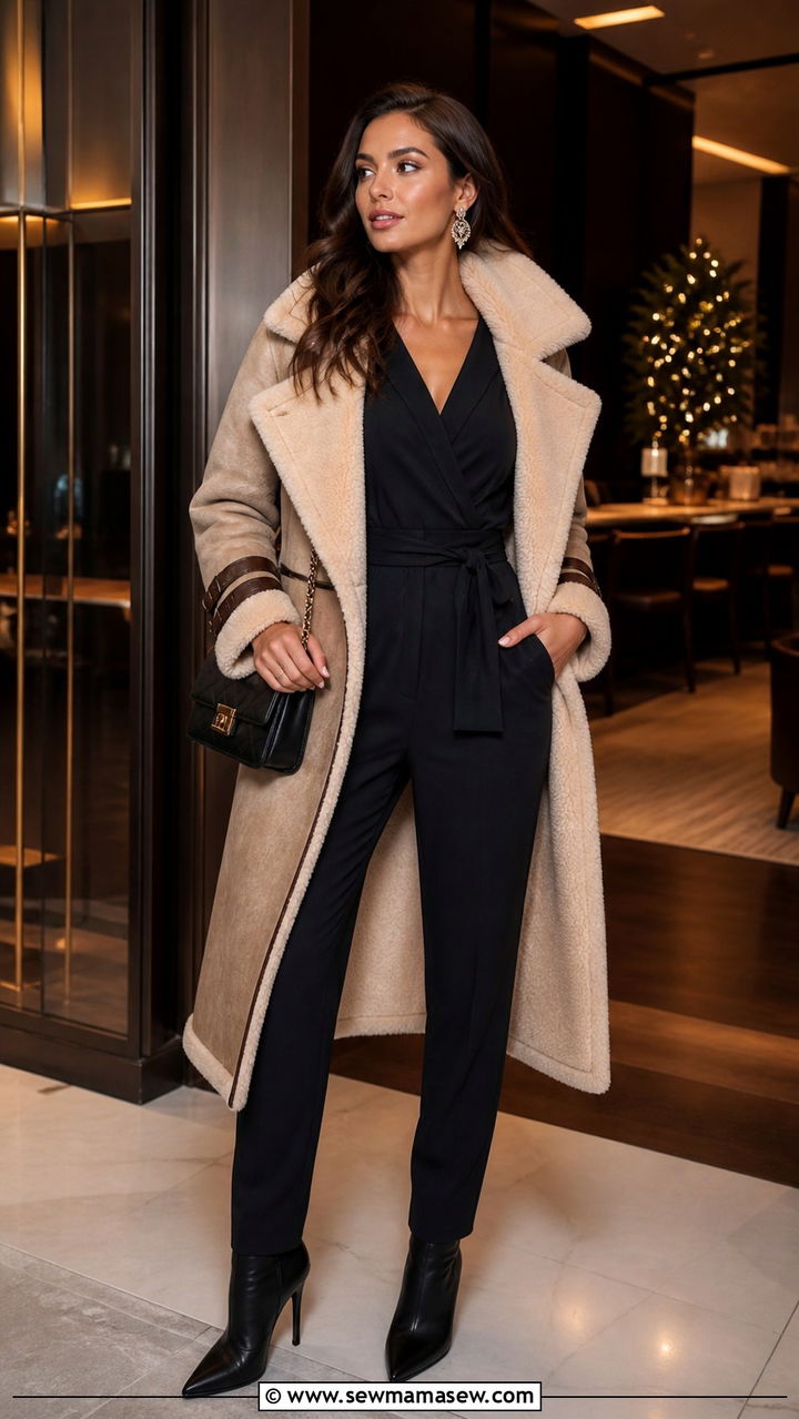 Shearling coat with jumpsuit and heels - 40 Shearling coat outfit ideas