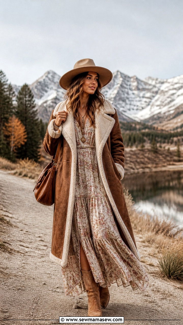 Shearling coat with maxi dress - 40 Shearling coat outfit ideas