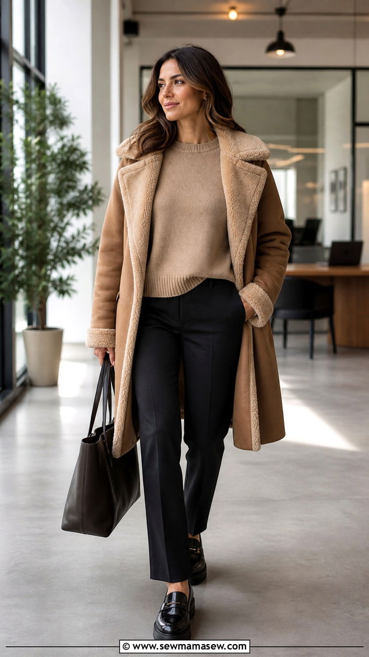 Shearling coat with ponte pants and loafers - 40 Shearling coat outfit ideas
