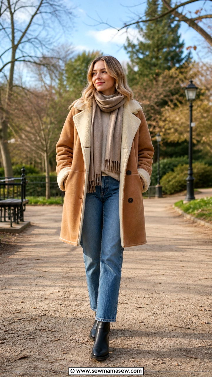 Shearling coat with straight leg jeans and Chelsea boots - 40 Shearling coat outfit ideas
