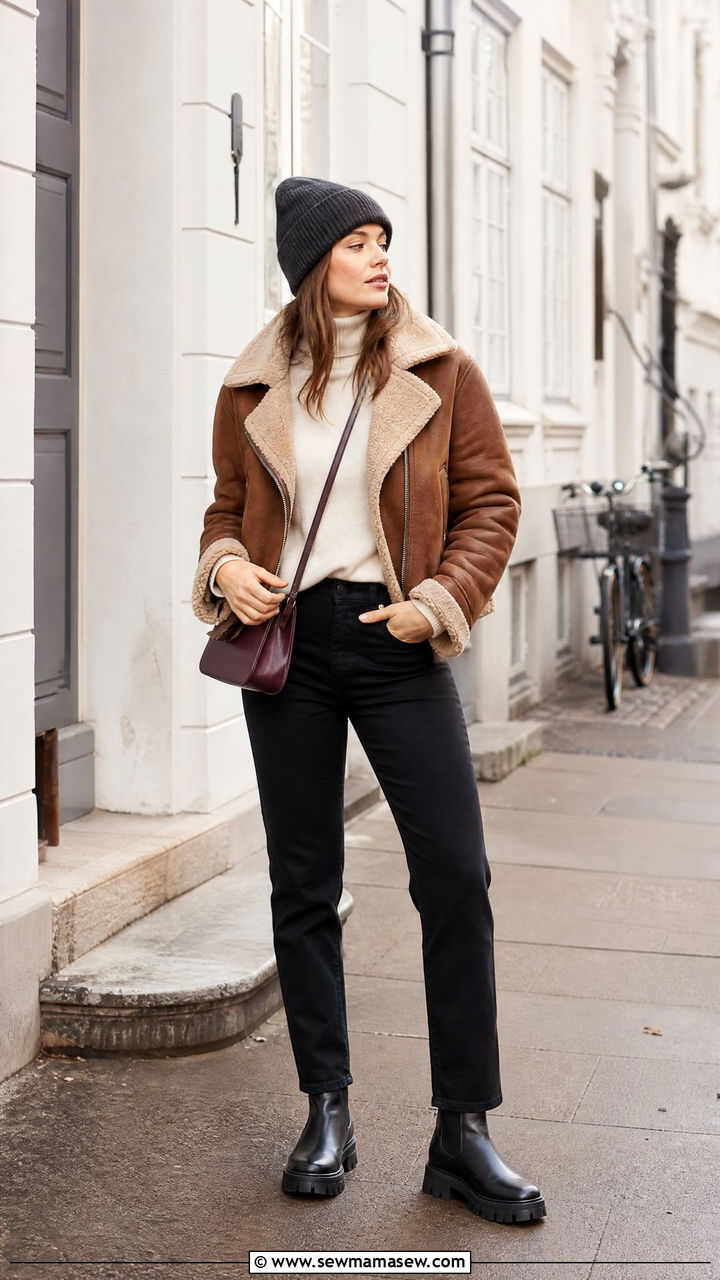 Shearling jacket and black jeans Copenhagen outfit - 25 casual Copenhagen outfits