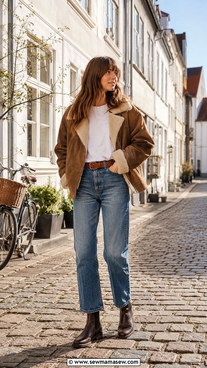 Shearling jacket and straight leg jeans - 30 Danish cozy outfit ideas