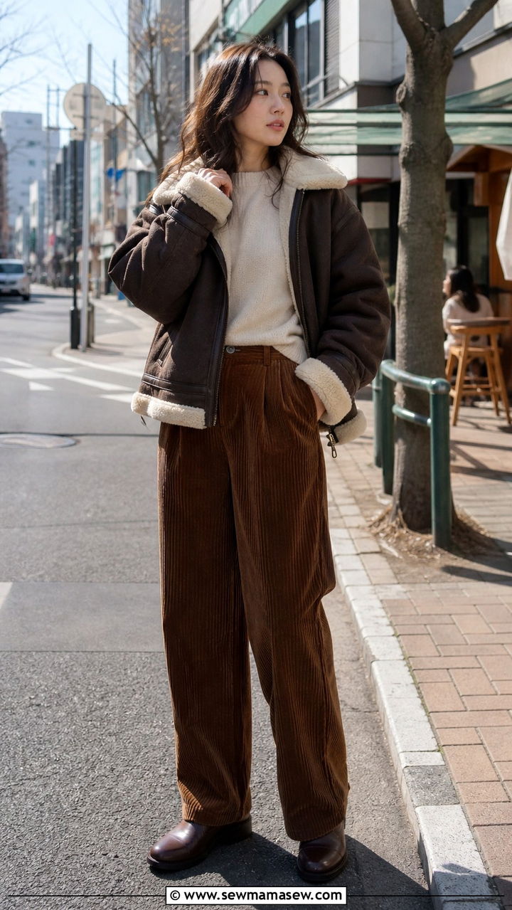 Shearling lined coat and wide leg corduroy pants for deep winter - 40 What to wear in Tokyo