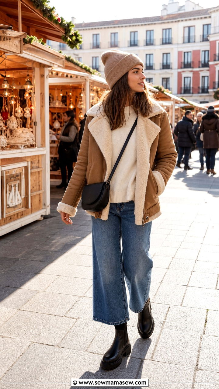 Shearling lined jacket with cropped wide leg jeans and lug sole boots - 40 What to wear in Madrid