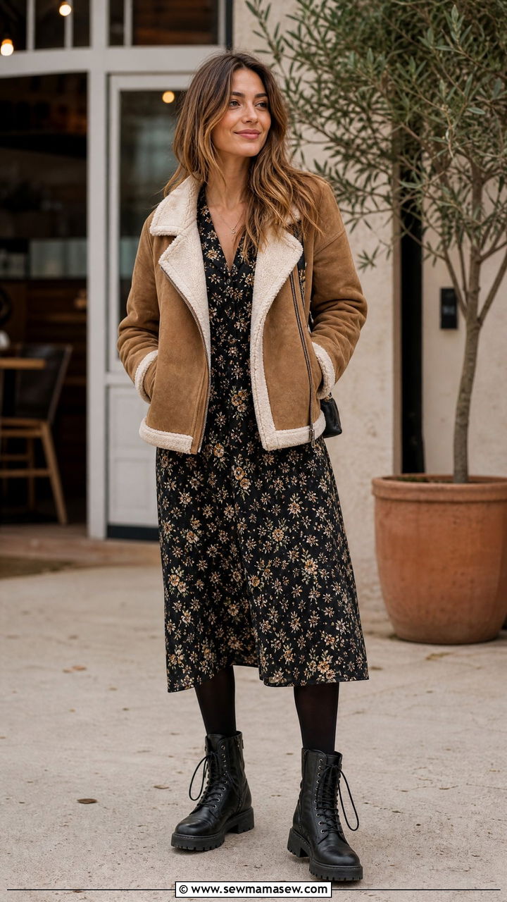 Shearling lined suede jacket with a floral midi dress and combat boots - 30 First cold day outfits