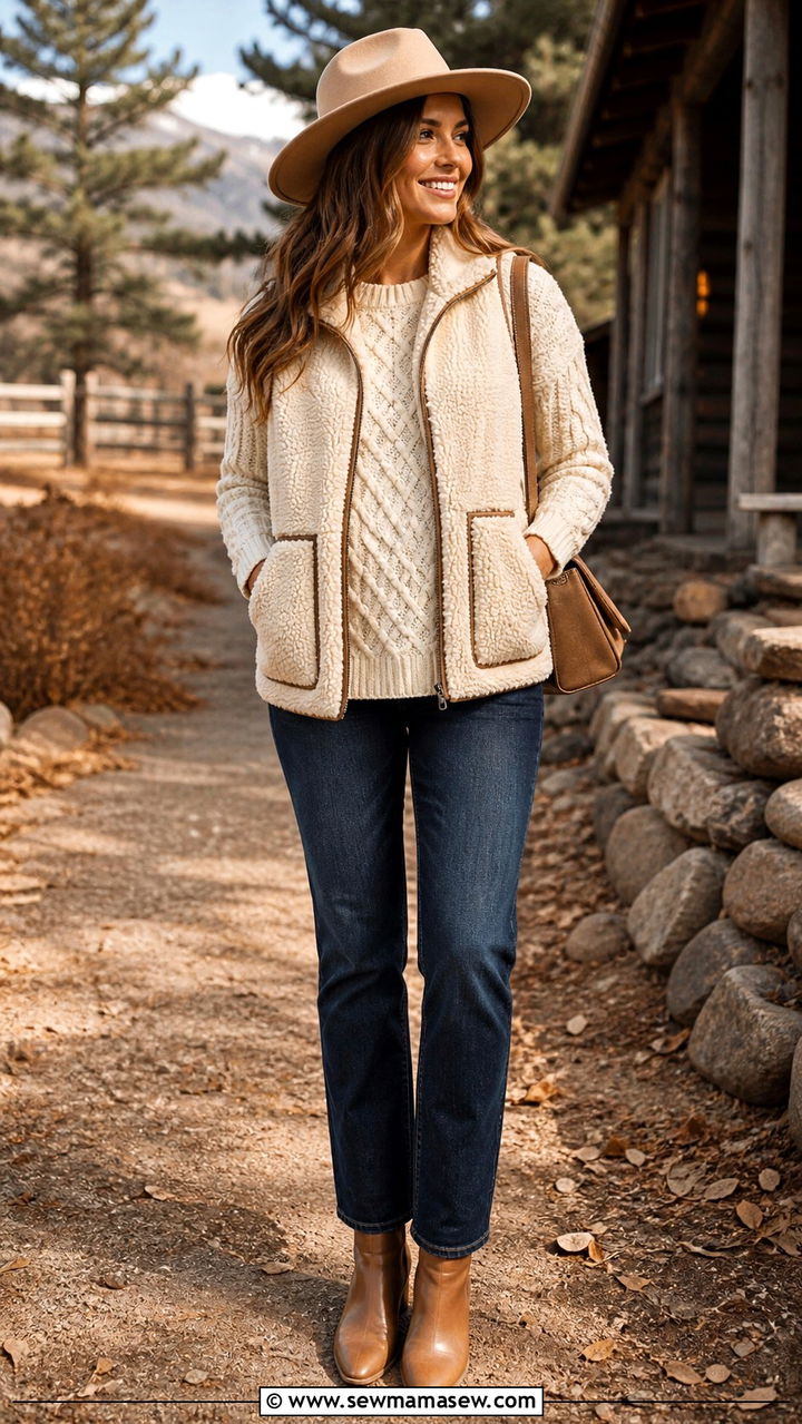Shearling vest with knit sweater and jeans - 40 Shearling coat outfit ideas