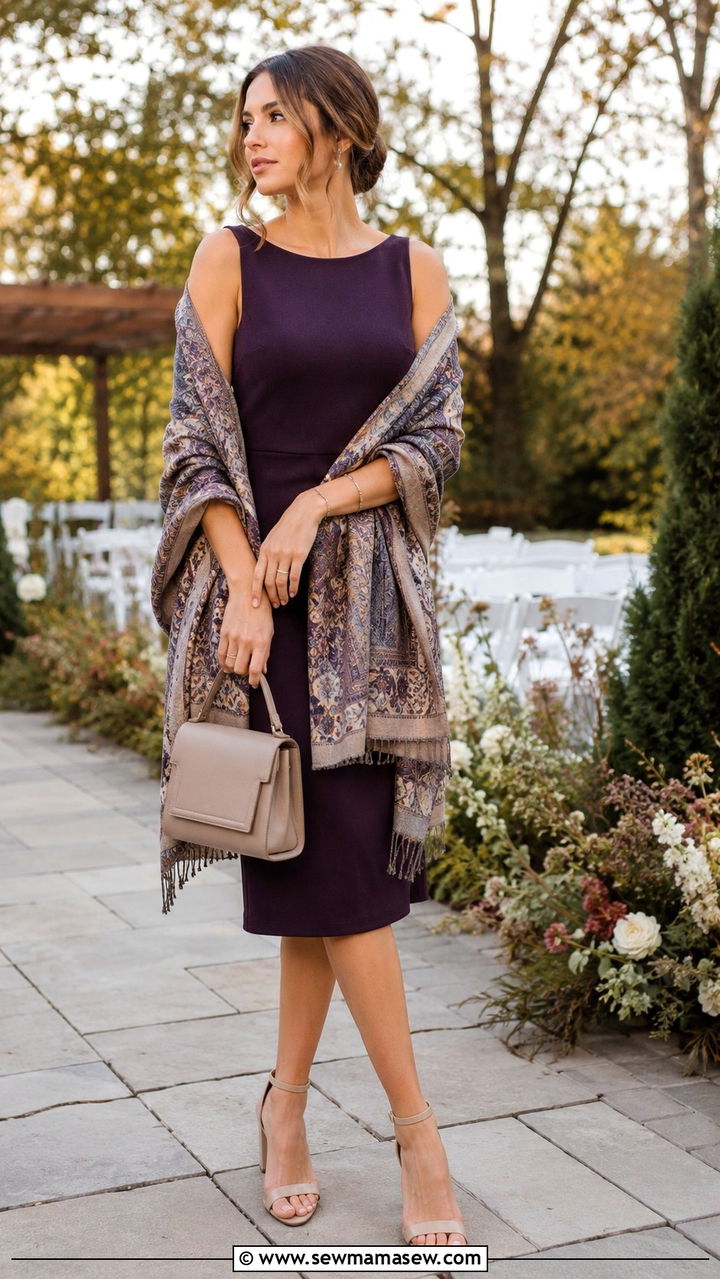 Sheath Dress With Shawl and Ankle Strap Heels Outfit - 20 Wedding guest outfit ideas sheath dress