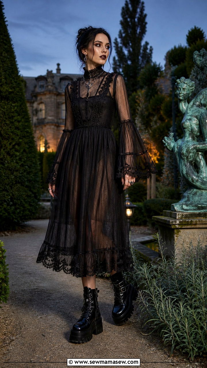 Sheer Bell Sleeve Dress With Gothic Accents - 40 grunge outfits ideas