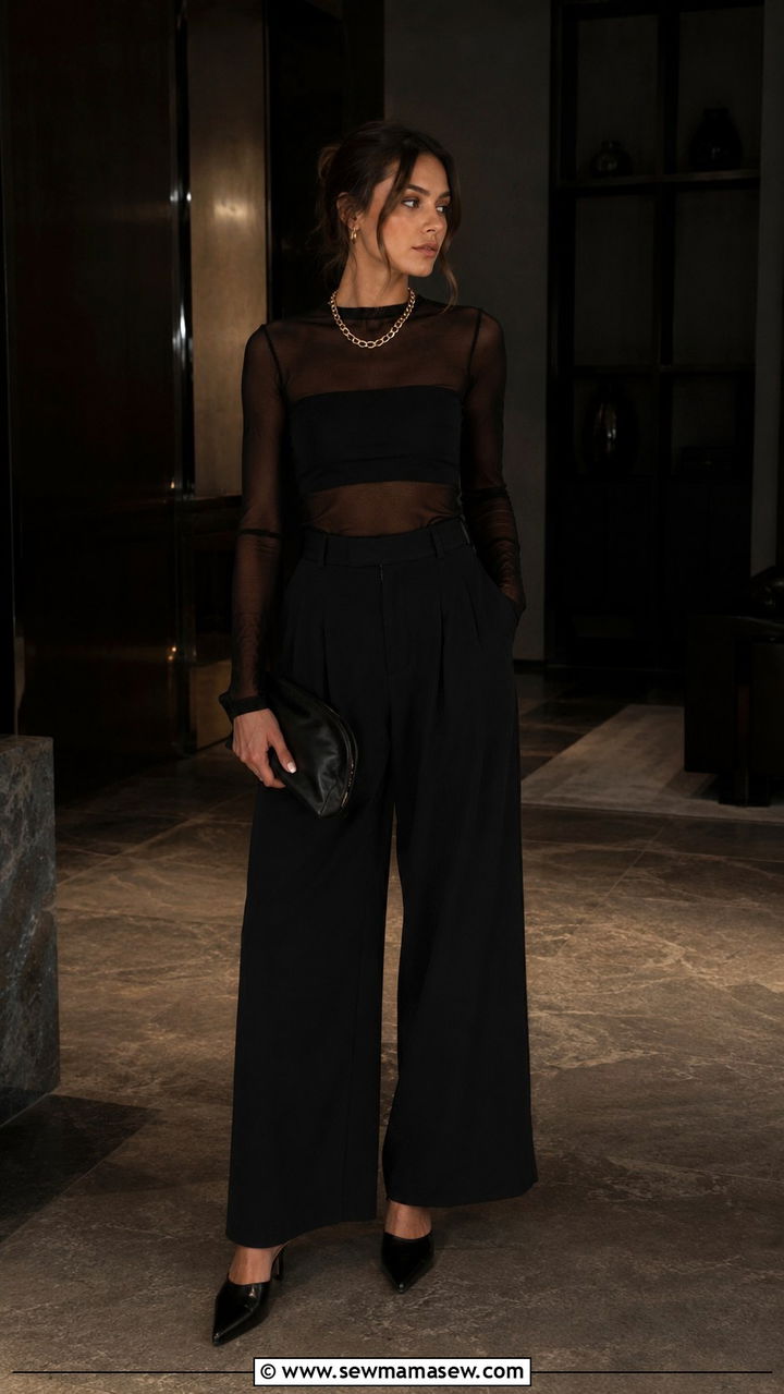 Sheer Black Top and Black Wide Leg Trousers - 30 model off duty outfits for women