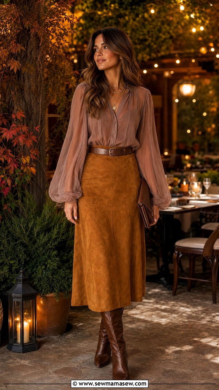 Sheer Blouse And Suede Midi Skirt - 35 boho outfit ideas for women