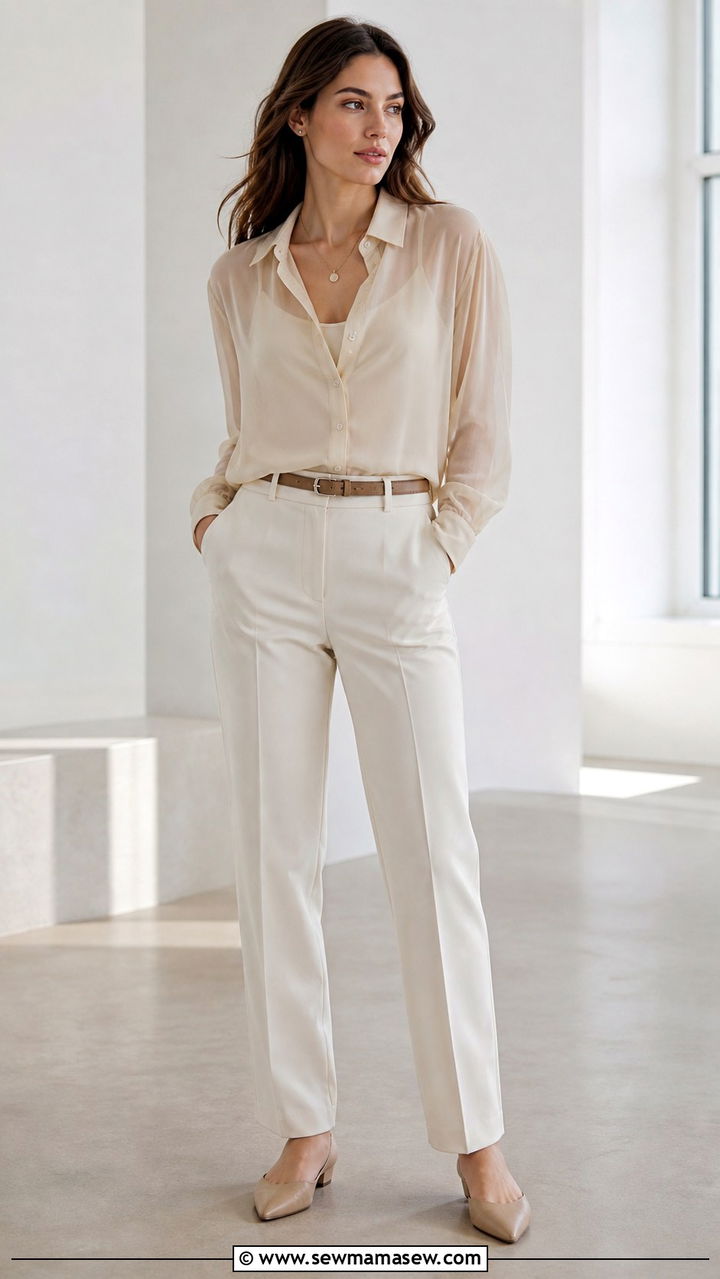 Sheer Blouse Layered Over Cami and Tailored Trousers - 40 spring cute outfit ideas