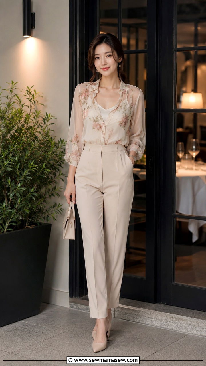 Sheer Blouse Layered Over Cami with Trousers - 30 casual romantic outfits