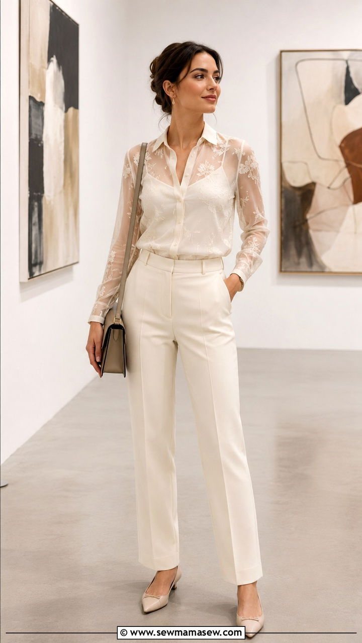 Sheer Blouse Layered Over Camisole With Trousers - 30 romantic outfits to copy