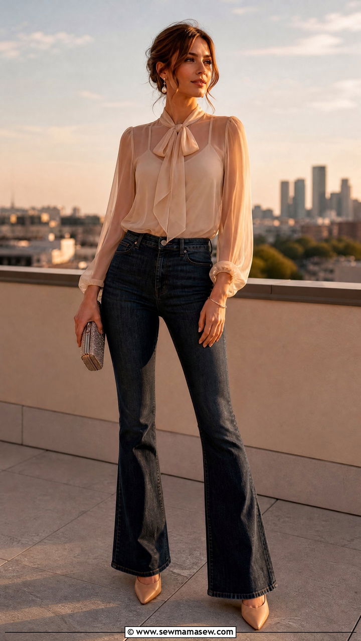 Sheer Blouse With Flare Jeans Summer Night - 30 Summer outfits with flare jeans