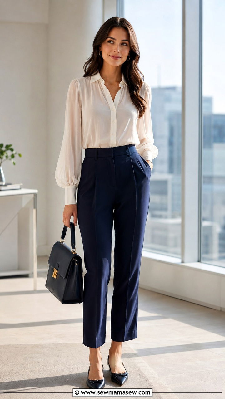 Sheer Blouse With High Waisted Trousers And Pointed Flats - 30 Warm day cold night outfits