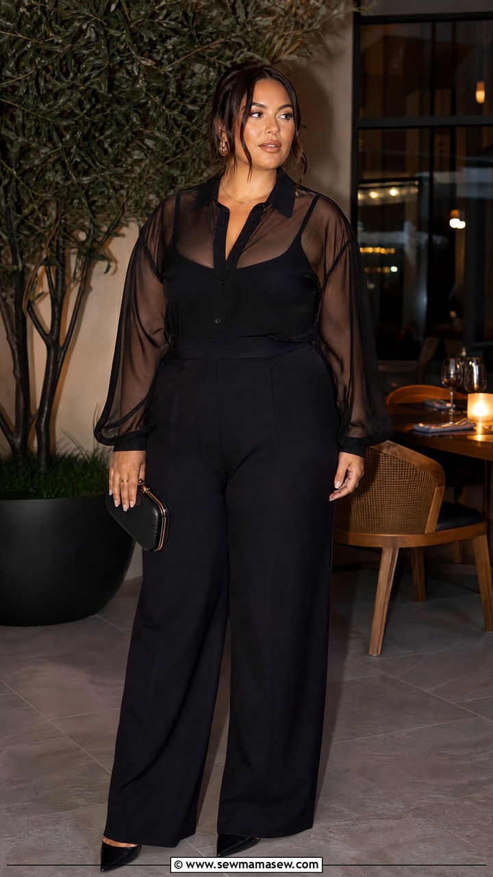 Sheer Blouse With High Waisted Wide Leg Trousers Outfit - 30 Cute outfits for curvy women