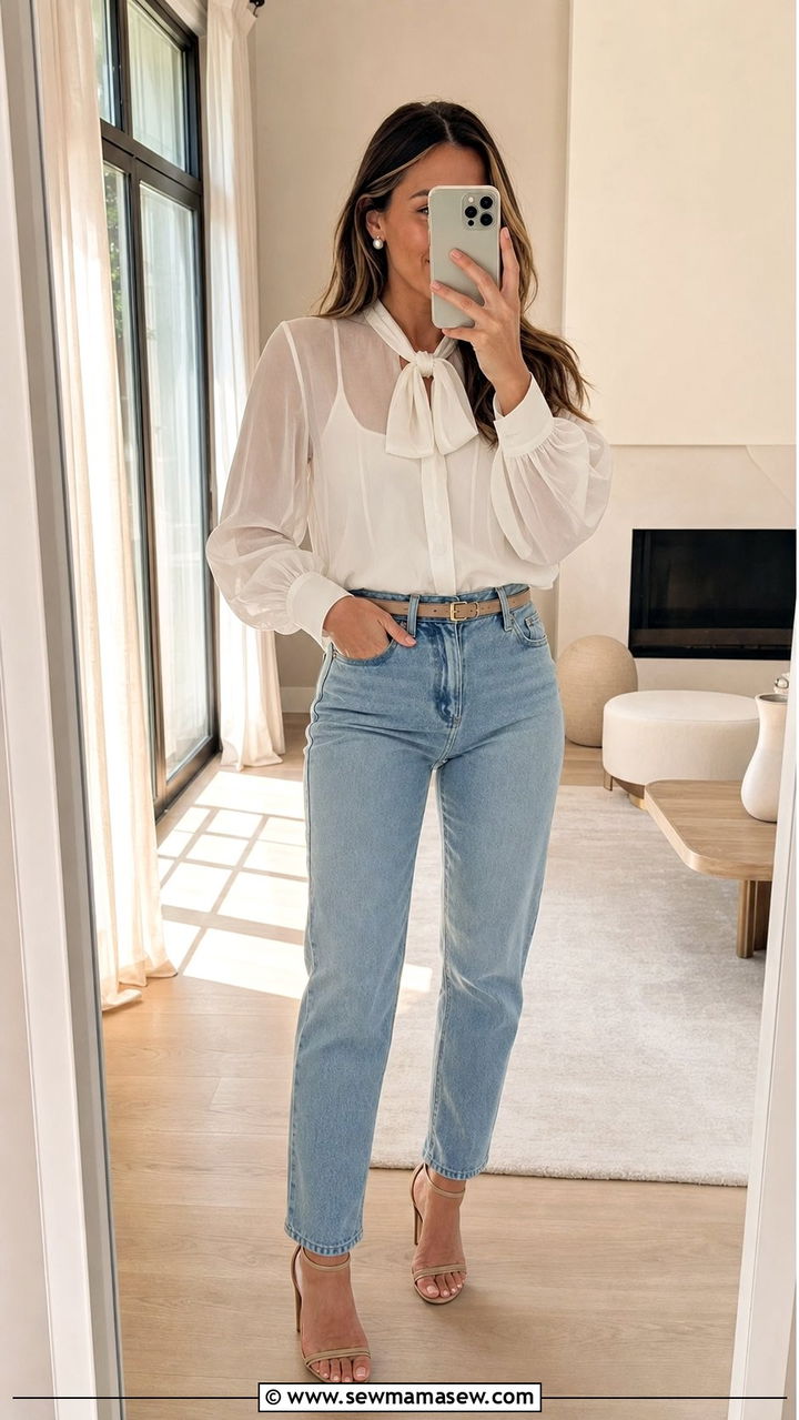 Sheer Blouse With Mom Jeans - 25 spring 90s outfits
