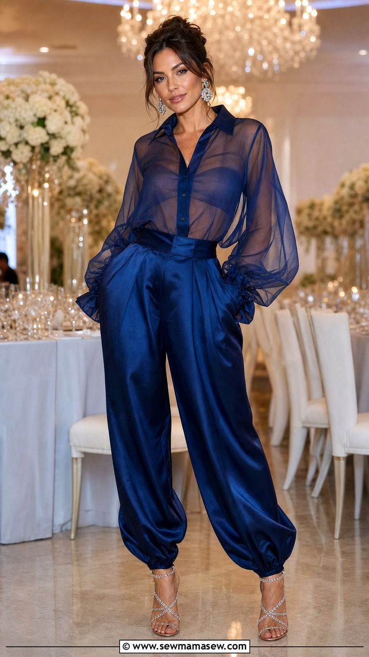 Sheer Blouse With Satin Balloon Pants Evening Outfit - 35 balloon pants outfits ideas