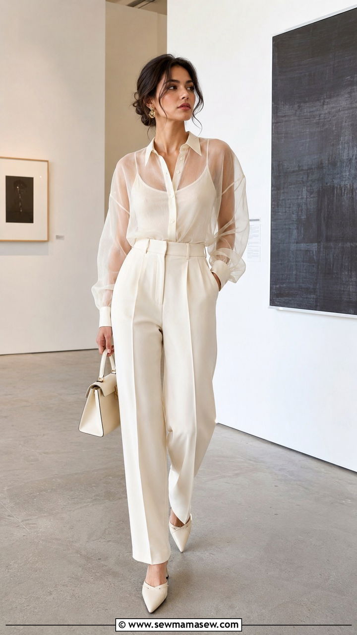 Sheer Blouse With Tailored Trousers Outfit - 30 spring summer 2026 outfits for women