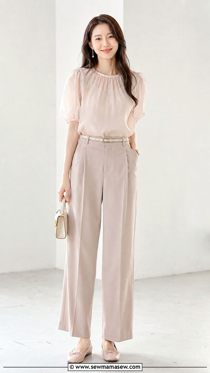 Sheer Blouse With Wide Leg Trousers And Ballet Flats - 30 transitional everyday outfits for women