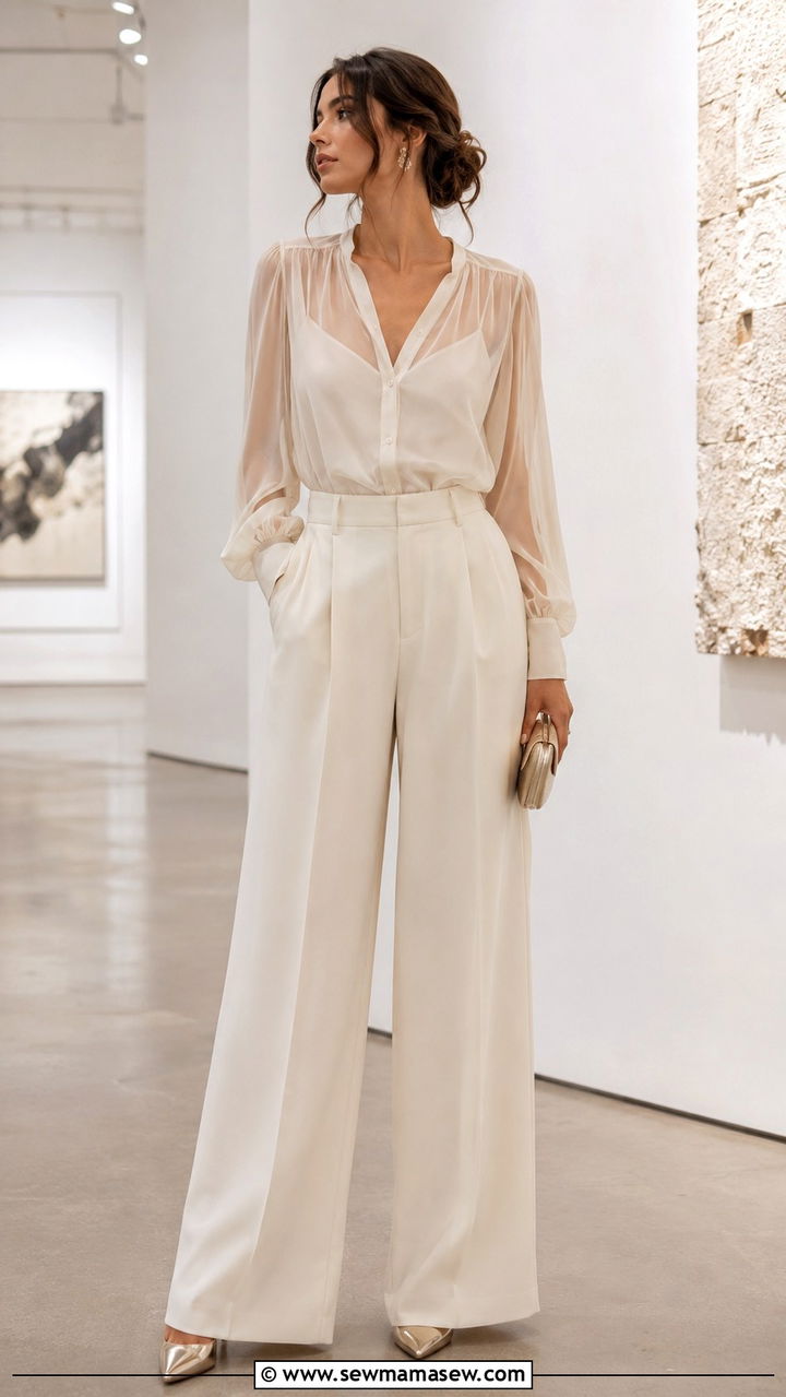 Sheer Blouse With Wide Leg Trousers Outfit - 25 romantic outfits aesthetic