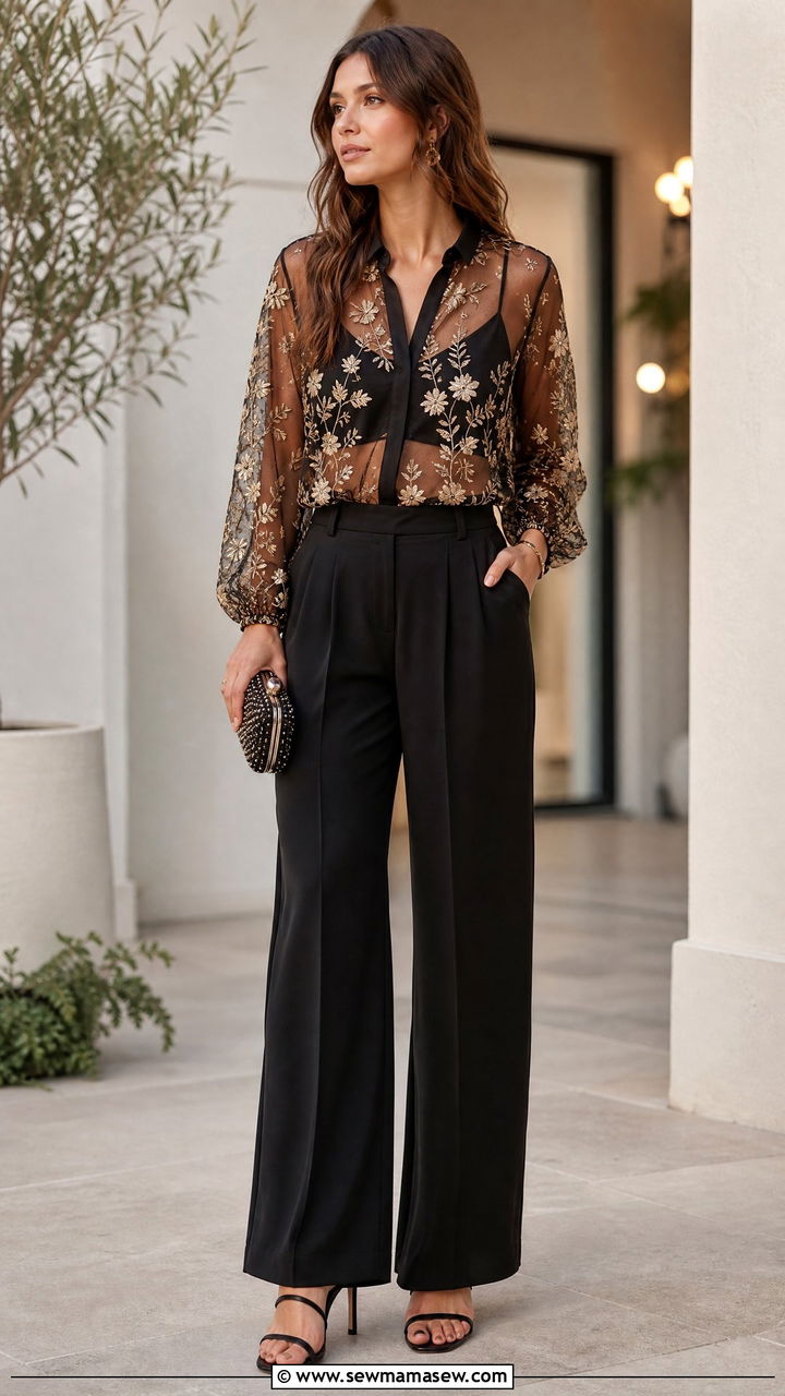 Sheer Blouse and Black Trousers Summer Evening Look - 30 summer pinterest outfit ideas
