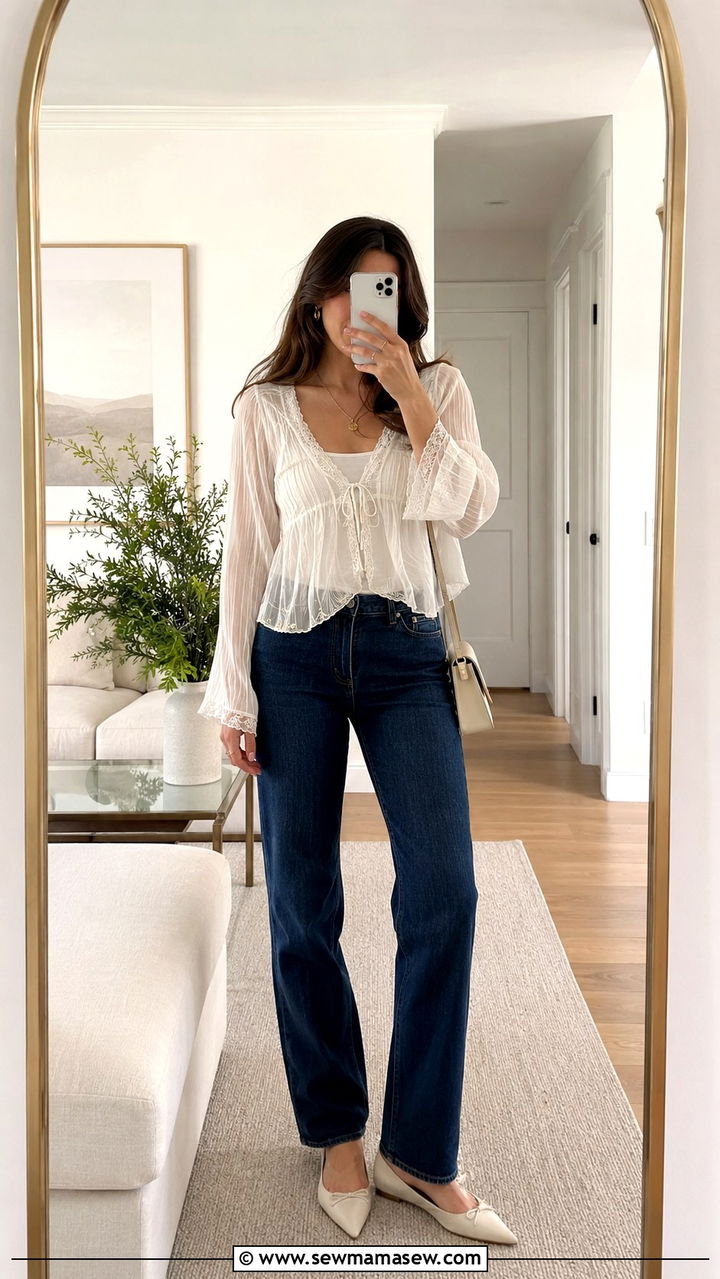 Sheer Blouse and Dark Denim Spring Outfit - 30 spring outfits 2026 women casual
