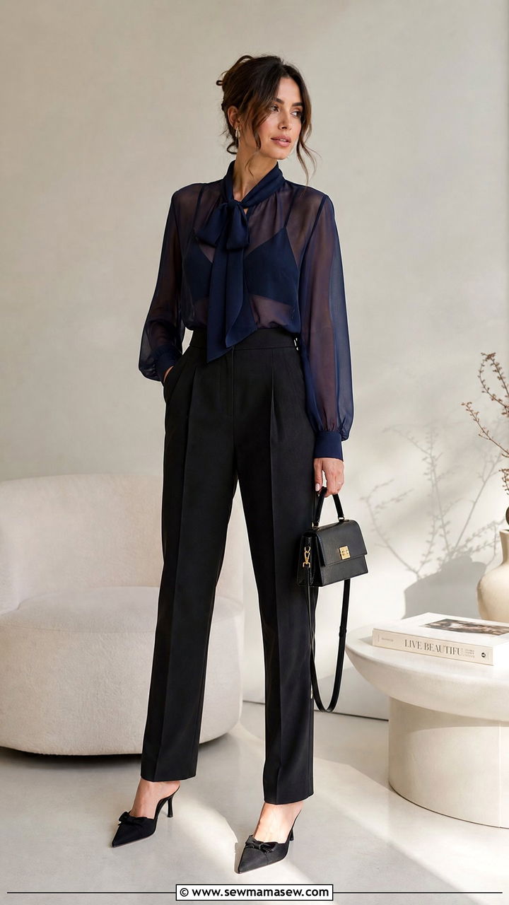 Sheer Blouse and Structured Trousers Outfit - 30 Fashion show outfit ideas