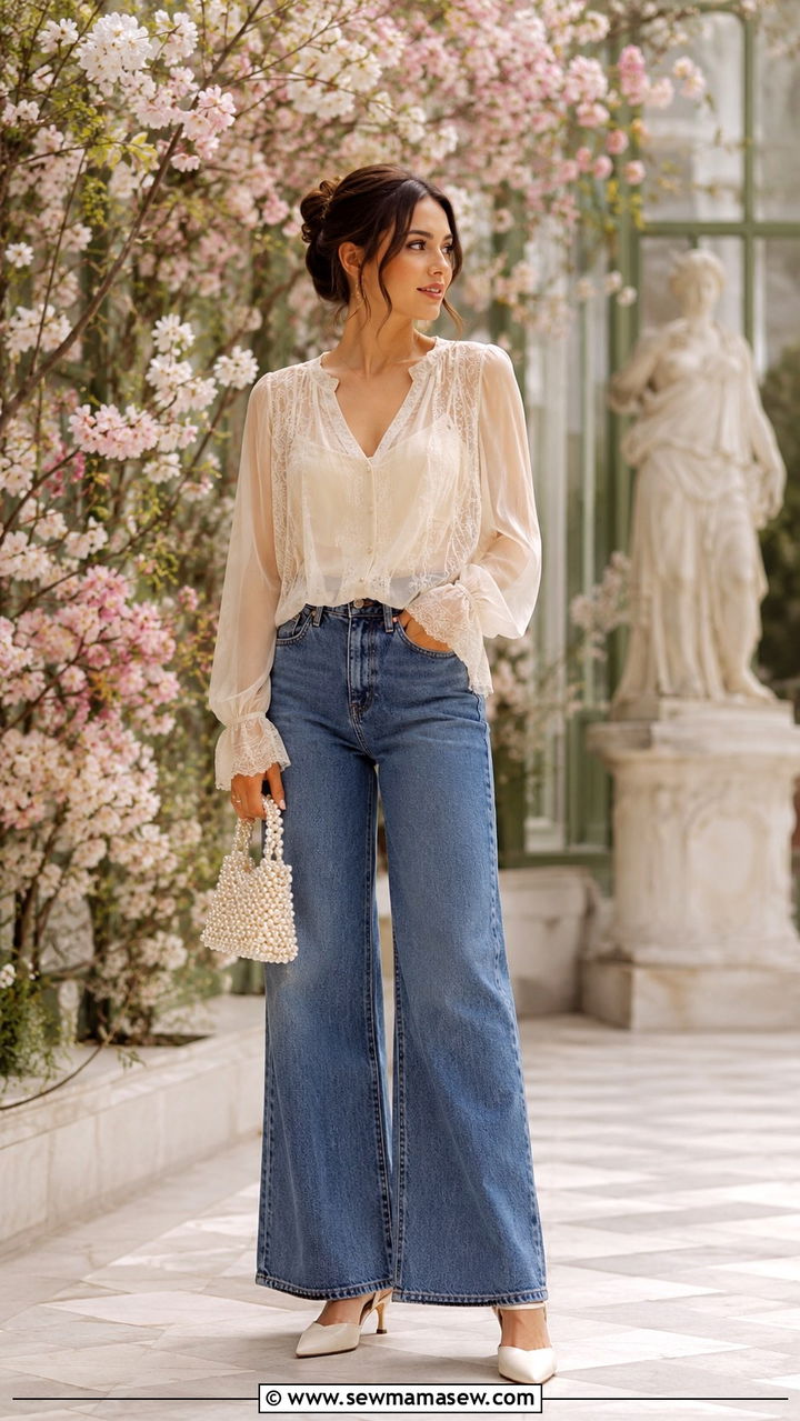 Sheer Blouse and Wide Leg Jeans - 30 Spring outfits with wide leg jeans