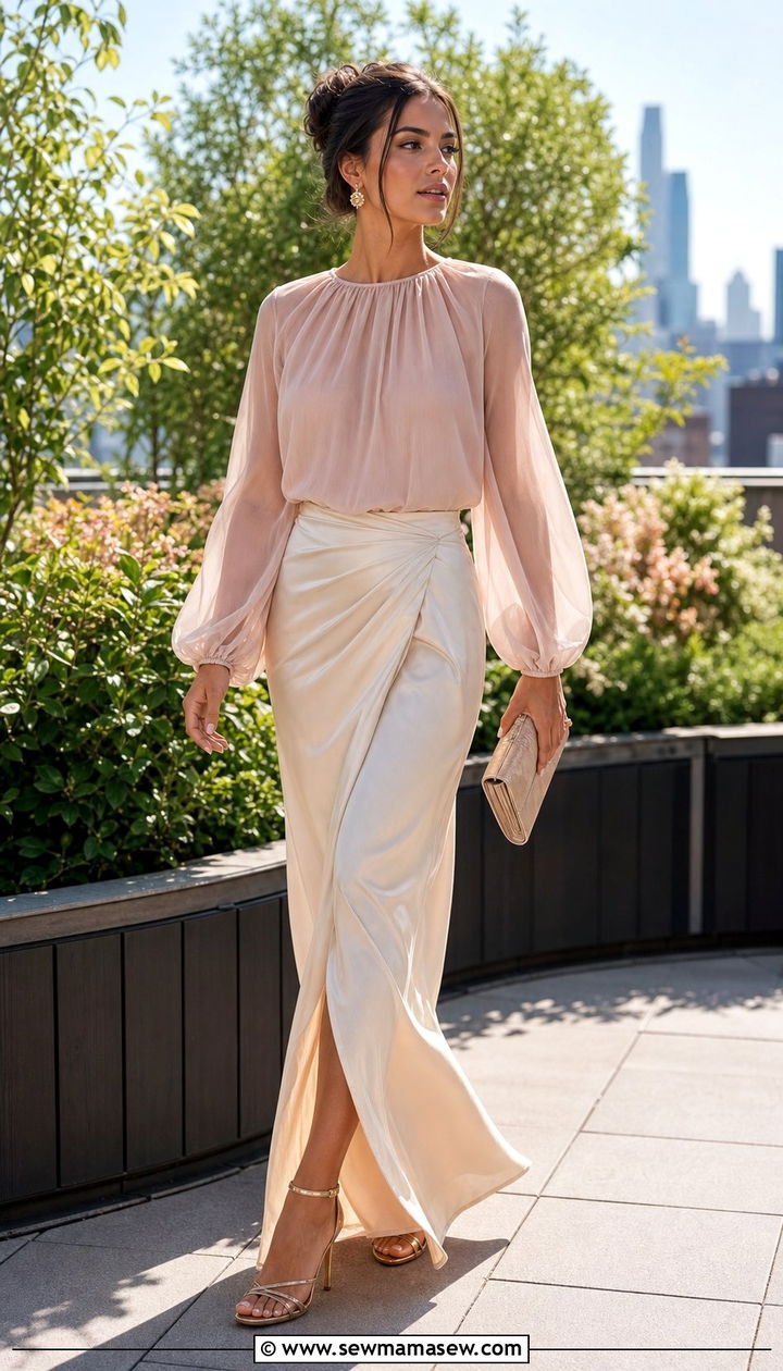 Sheer Blouse with Draped Maxi Skirt Outfit - 25 elegant outfits 2026