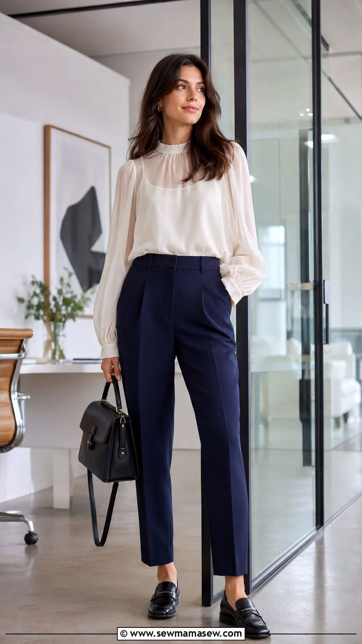 Sheer Blouse with High Waisted Trousers and Loafers - 30 spring transition outfit ideas