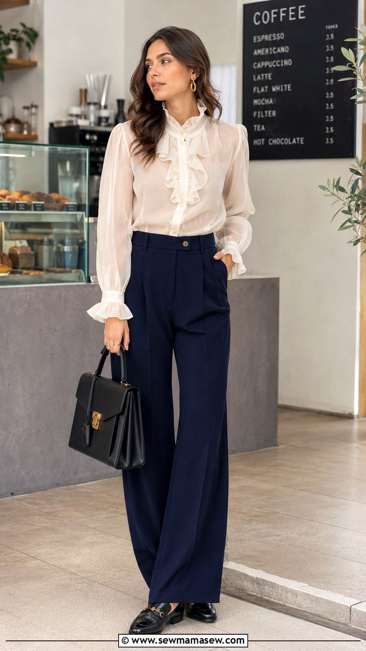 Sheer Blouse with High Waisted Trousers and Loafers - 25 transitional vacation outfit ideas